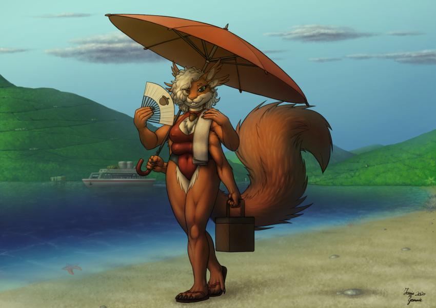 2021 4_arms 4_breasts 4_ears 5_fingers acorn anthro arche_kruz basket beach boat breasts buckteeth chest_tuft claws cleavage clothed clothing cloud container digital_media_(artwork) eurasian_red_squirrel female finger_claws fingers folding_fan food footwear fruit green_eyes hair hair_over_eye holding_object jewelry looking_at_viewer mammal multi_arm multi_breast multi_ear multi_limb necklace nipple_outline nut_(fruit) one-piece_swimsuit one_eye_obstructed plant rodent sammi_roja sand sandals sciurid seaside sky smile solo swimwear teeth toe_claws tree_squirrel tuft umbrella vehicle water watercraft white_hair