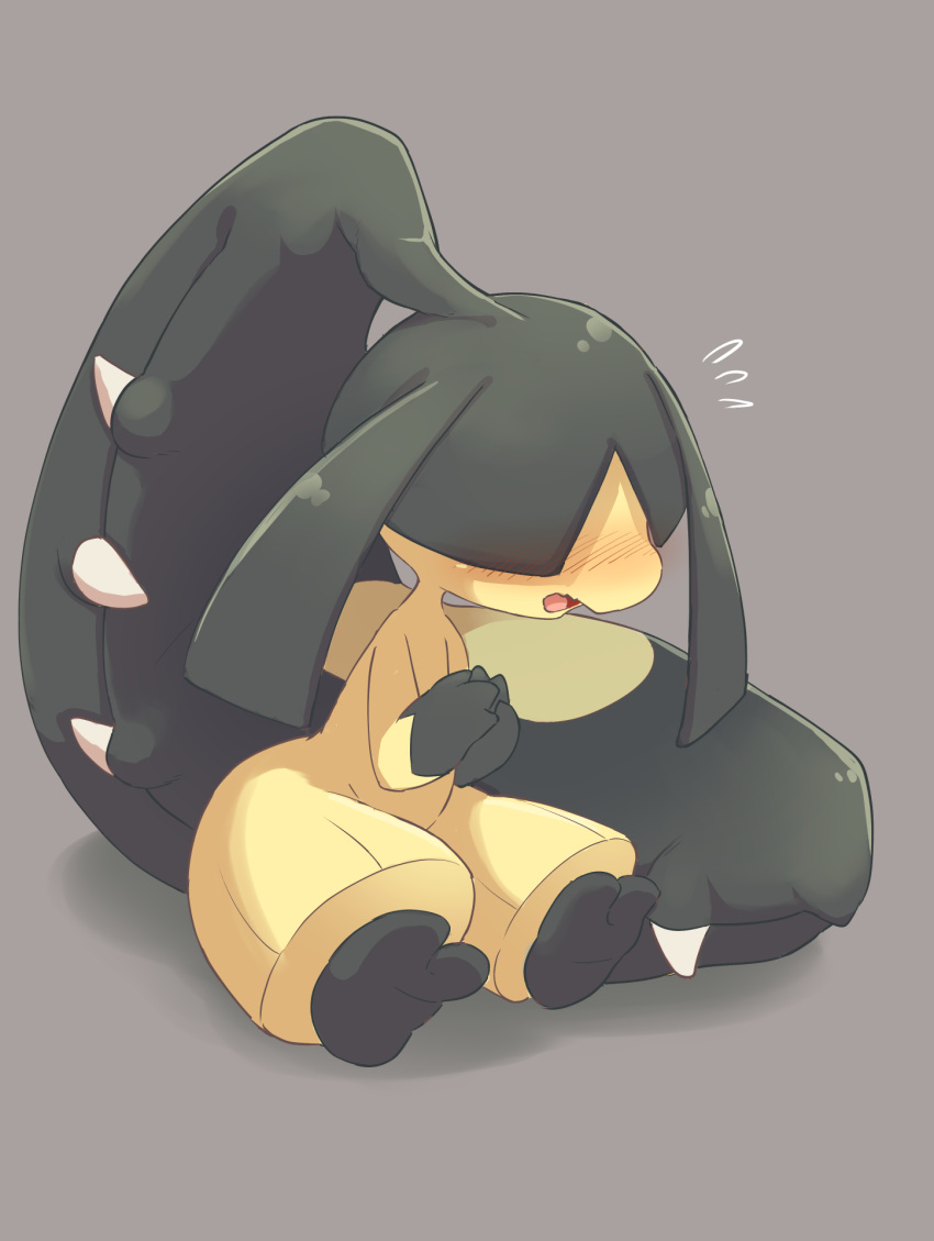 ambiguous_gender anthro blush bodily_fluids grey_background hair_over_eyes hi_res mawile nintendo pok&eacute;mon pok&eacute;mon_(species) simple_background sitting solo sweat sweatdrop ukan_muri video_games