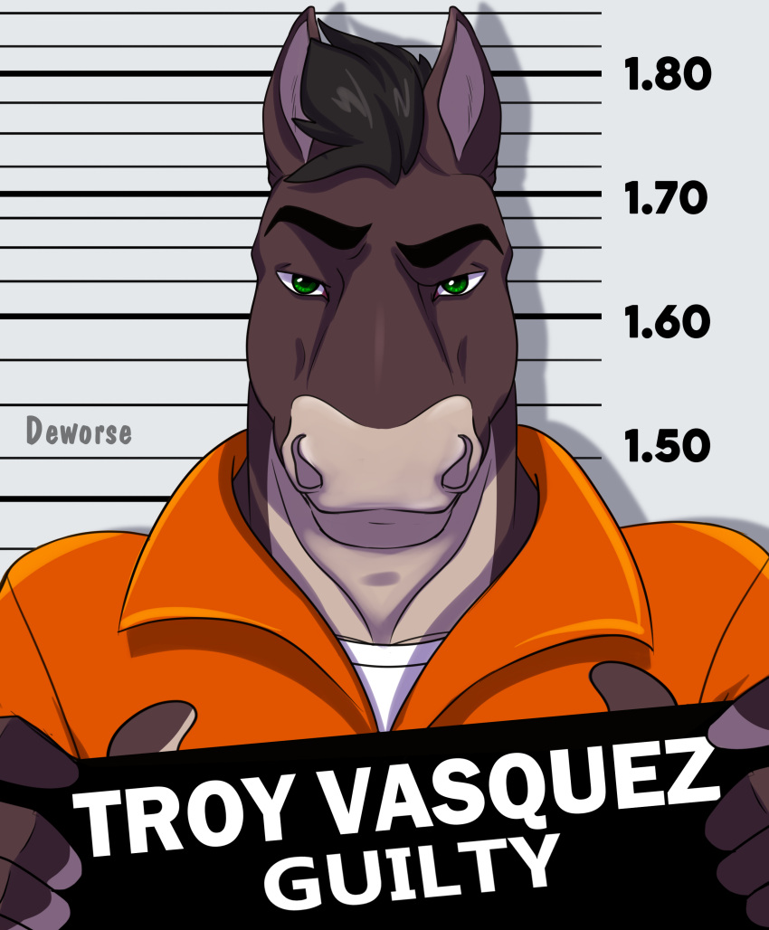 absurd_res anthro arrest arrested brown_body clothed clothing deworse digital_media_(artwork) english_text equid equine front_view green_eyes grin hair hi_res horse looking_at_viewer male mammal mugshot muscular muscular_anthro muscular_male prison prison_jumpsuit prison_uniform prisoner smile solo standing text topwear troy_vasquez uniform