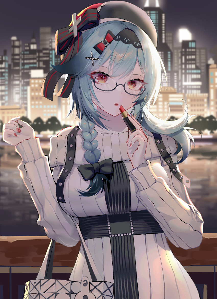 1girl absurdres bangs bare_shoulders beret black_hairband black_headwear blue_hair blush breasts cityscape eula_(genshin_impact) genshin_impact glasses hair_ornament hairband hat highres large_breasts lipstick long_sleeves looking_at_viewer makeup medium_hair off-shoulder_sweater off_shoulder purple_eyes rib_(rib_delesetong) ribbed_sweater sidelocks solo sweater white_sweater