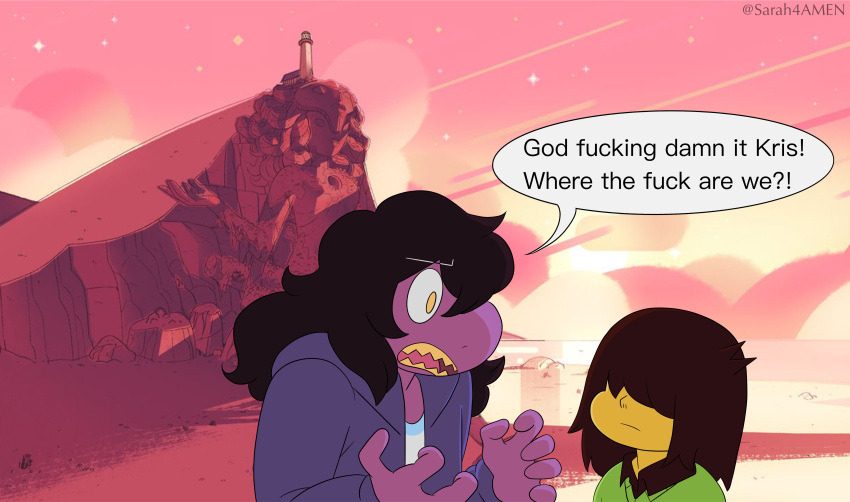 2021 5_fingers absurd_res anthro cartoon_network clothed clothing deltarune dinosaur duo english_text female fingers hi_res human humor kris_(deltarune) kris_where_are_we male mammal meme obscured_eyes parody profanity reptile sarah4amen scalie screencap screencap_background signature speech_bubble steven_universe style_parody susie_(deltarune) text undertale_(series) video_games yellow_eyes