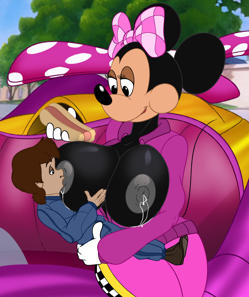 absurd_res age_difference anthro big_breasts bodily_fluids breast_play breast_suck breastfeeding breasts child disney duo el-loko fan_character female food hi_res hot_dog human lactating lunch male male/female mammal maternal mickey_and_the_roadster_racers minnie_mouse mouse murid murine race_car racing_suit rodent sucking young younger_male