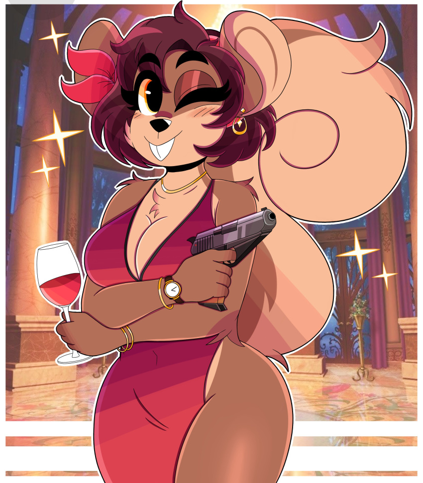 2021 absurd_res alcohol anthro bad_trigger_discipline beverage bracelet breasts brown_body brown_fur buckteeth chest_tuft cleavage clock clothed clothing container cup dress drinking_glass ear_piercing elbow_tufts eyebrows eyelashes female fluffy fluffy_tail fur glass glass_container glass_cup gun hair handgun hi_res jewelry looking_at_viewer mammal necklace one_eye_closed piercing pistol purple_hair ranged_weapon rodent sciurid shelly_(wirelessshiba) short_hair shoulder_tuft smile smiling_at_viewer solo tan_body tan_fur teeth tree_squirrel tuft watch weapon wine wine_glass wink winking_at_viewer wireless_shiba wristwatch