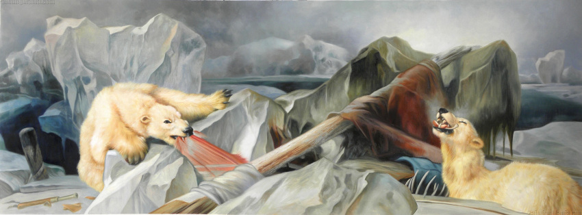 1864 19th_century absurd_res ambiguous/ambiguous ambiguous_gender ancient_furry_art arctic black_eyes bone canvas cloudy cloudy_sky cropped duo eating edwin_landseer eyes_closed feral fur hi_res ice iceberg mammal mast painting_(artwork) polar_bear proper_art ribs shipwreck skeleton snow spyglass telescope text torn_fabric traditional_media_(artwork) tundra url ursid ursine water white_body white_fur winter