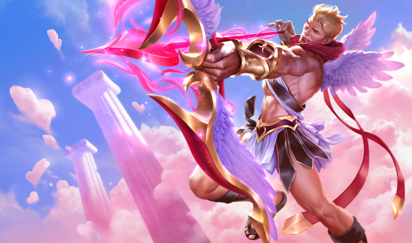&gt;_o 1boy abs aiming angel_wings archery arrow_(projectile) bara bow_(weapon) bracer brown_hair closed_mouth cloud day flying glowing glowing_eyes greek_clothes heartseeker_varus highres holding holding_arrow holding_bow_(weapon) holding_weapon league_of_legends male_focus muscular muscular_male official_alternate_costume official_art one_eye_closed outdoors sandals short_hair sixmorevodka sky solo thighs varus weapon wings