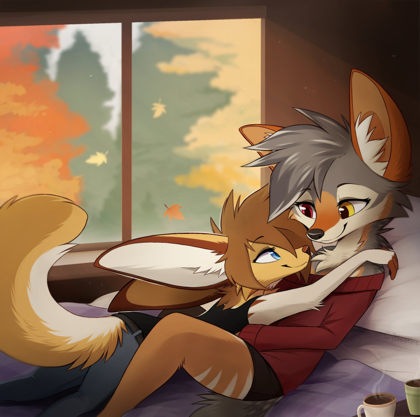 2021 anthro aseethe canid canine canis clothed clothing cuddling detailed_background duo embrace eye_contact fhyra fox fully_clothed heterochromia hi_res hug jackal looking_at_another mammal smile window