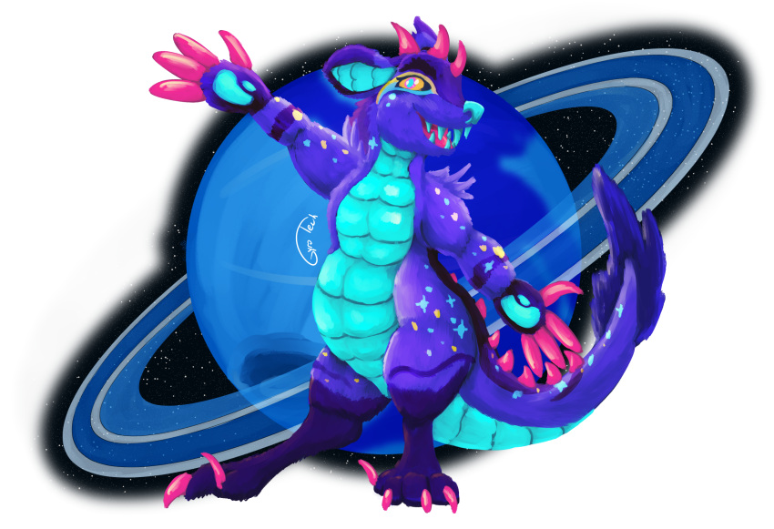 belly_scales biped blue_body blue_markings claws countershading fur gyrotech hi_res kaiju maelstrom_(corriezodrie) markings neptune_(planet) scales sharp_teeth solo spines spots standing star talons teeth yellow_markings