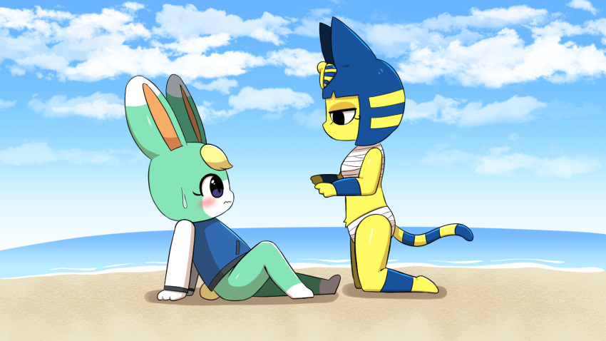 animal_crossing ankha_(animal_crossing) anthro arm_support beach black_clothing black_eyes black_topwear blonde_hair blue_clothing blue_ears blue_sky blue_tail blue_topwear blush bodily_fluids bottomless clothed clothing cloud day dipstick_ears domestic_cat duo eye_contact felid feline felis green_body green_ears hair lagomorph leporid looking_at_another mammal multicolored_clothing multicolored_ears multicolored_topwear nintendo rabbit sand sasha_(animal_crossing) seaside side_view sky sum sweat sweatdrop topwear two_tone_tail video_games water white_body white_clothing white_ears white_topwear wraps yellow_tail