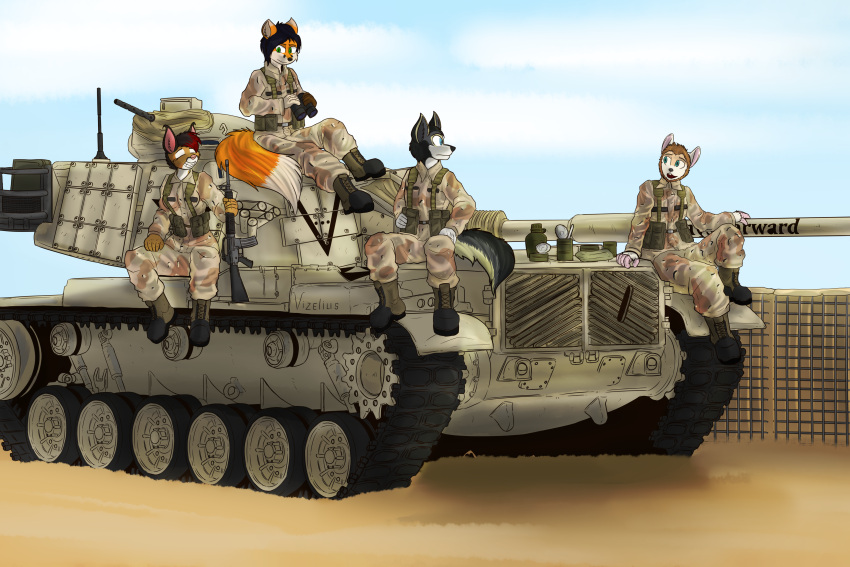 absurd_res anthro binoculars blue_sky boots canid canine canis caracal caracal_(genus) claire_felicitous_(calidan) clothing combat_boots desert domestic_dog elias_gadabout elon_flow_(calidan) felid feline female footwear fox group hi_res husky m16a2 m60_patton male mammal military_uniform military_vehicle nordic_sled_dog rations raynard sitting sky southern_grasshopper_mouse spitz tank uniform vehicle vizelius