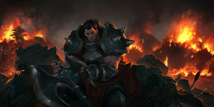 1boy armor axe bara black_gloves black_hair cape closed_mouth corpse darius_(league_of_legends) death fingerless_gloves fire gloves highres holding holding_axe holding_cape holding_clothes holding_weapon league_of_legends legends_of_runeterra looking_to_the_side male_focus muscular muscular_male official_art pauldrons red_cape scar scar_across_eye scar_on_face short_hair shoulder_armor shoulder_spikes sitting sixmorevodka solo spikes vambraces weapon