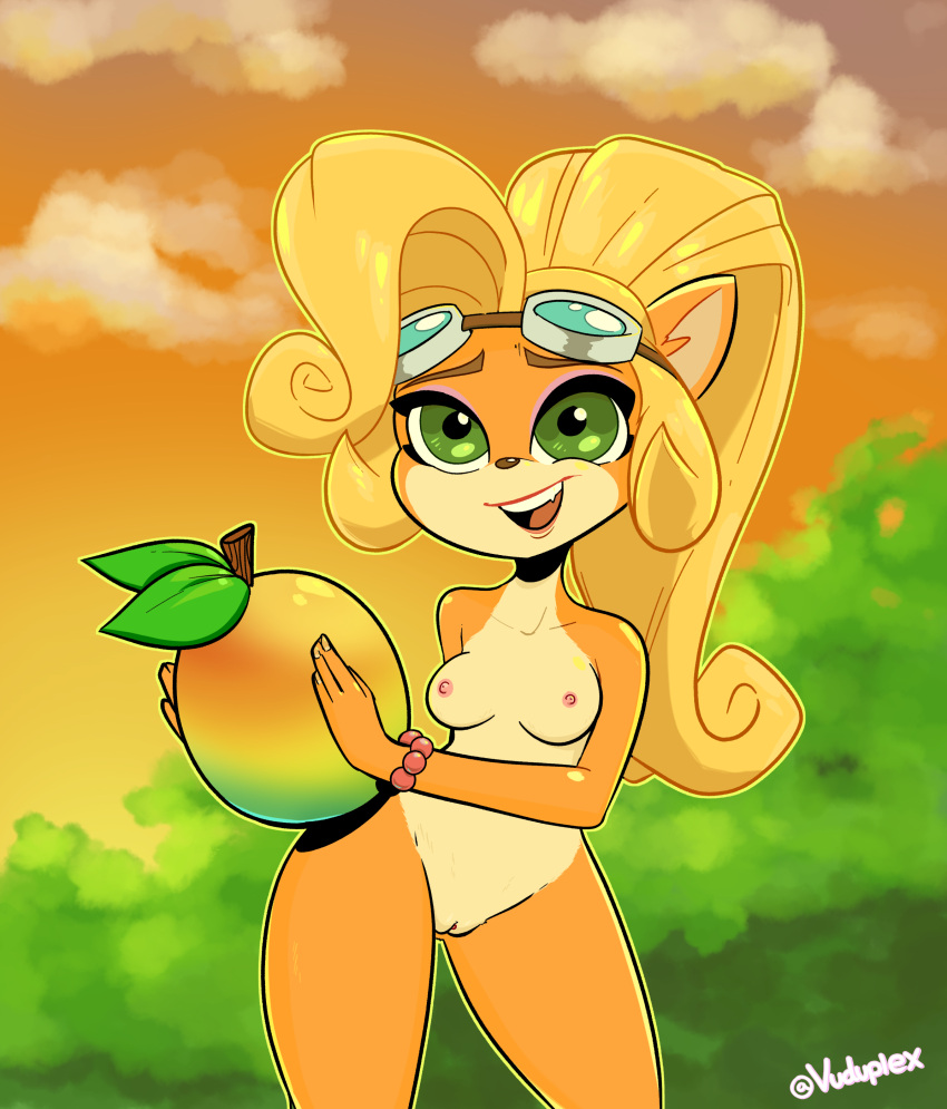 absurd_res activision anthro bandicoot breasts coco_bandicoot crash_bandicoot_(series) eyewear eyewear_on_head female food fruit genitals goggles goggles_on_head hi_res looking_at_viewer mammal marsupial nude open_mouth open_smile plant pussy small_breasts smile solo video_games vuduplex wumpa_fruit
