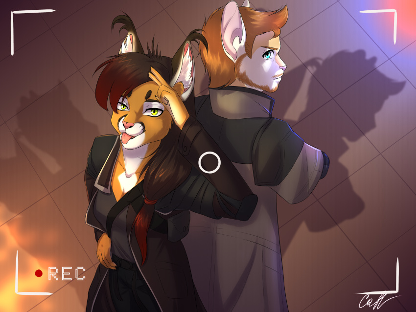 absurd_res anthro caracal caracal_(genus) claire_felicitous_(calidan) cosplay detroit:_become_human duo elon_flow_(calidan) felid feline female gesture green_eyes hi_res jailianireis long_coat looking_at_viewer male mammal recording salute southern_grasshopper_mouse stern_look teal_eyes tongue tongue_out