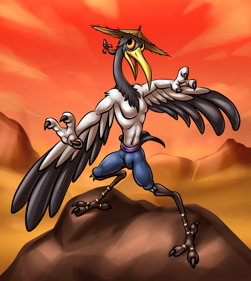 3_fingers 3_toes action_pose anthro bassybefuddle black_body black_feathers blue_bottomwear blue_clothing blue_pants bottomwear clothing digit_ring dreamworks feathers feet fingers hair hat headgear headwear hi_res jewelry kung_fu_panda long_neck male master_crane mountain orange_sclera pants ponytail pose red_sky ring sky solo straw_hat style_crossover toe_ring toes white_body white_feathers winged_arms wings