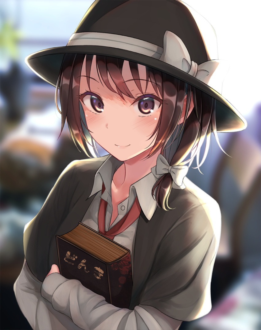 1girl blurry book bow brown_eyes brown_hair capelet collared_shirt depth_of_field fedora fumei_(mugendai) hair_bow hat hat_bow highres holding holding_book necktie red_necktie shirt short_hair smile solo touhou usami_renko white_bow white_shirt