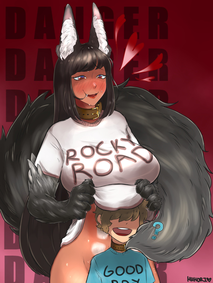 &lt;3 &lt;3_eyes 5_fingers ? absurd_res animal_humanoid anubis_(mge) belly belly_markings big_breasts big_tail biped black_body black_ears black_fur black_tail blue_clothing blue_shirt blue_topwear blush bodily_fluids boob_hat bottomless breasts brown_hair canid canid_humanoid canine canine_humanoid clothed clothing clothing_lift collar digital_media_(artwork) duo english_text eyelashes female female_on_human fingers fluffy fluffy_tail front_view fur glistening glistening_body glistening_fur gloves_(marking) gradient_fur grey_body grey_fur grey_tail hair hair_over_eyes half-length_portrait hhhori hi_res human human_on_humanoid humanoid inner_ear_fluff inside_clothing interspecies larger_female larger_humanoid light_body light_skin lips long_hair looking_at_another looking_at_partner male male/female male_on_humanoid mammal mammal_humanoid markings monotone_ears monotone_hair monster_girl_(genre) monster_girl_encyclopedia multicolored_body multicolored_eyes multicolored_fur multicolored_tail open_mouth open_smile paws pink_inner_ear portrait purple_eyes red_background red_eyes red_lips shirt shirt_lift short_hair simple_background size_difference smaller_human smaller_male smile standing sweat tan_body tan_skin text topwear tuft two_tone_body two_tone_eyes two_tone_fur two_tone_tail unaware white_clothing white_inner_ear_fluff white_markings white_shirt white_topwear