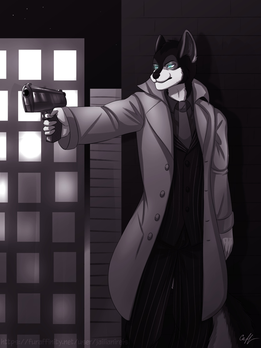 absurd_res aiming_weapon anthro blue_eyes canid canine canis city city_background clothing coat domestic_dog elias_gadabout gangster gun handgun hi_res husky jailianireis looking_at_another male mammal monochrome noir nordic_sled_dog pistol ranged_weapon simple_background solo spitz suit topwear trenchcoat weapon