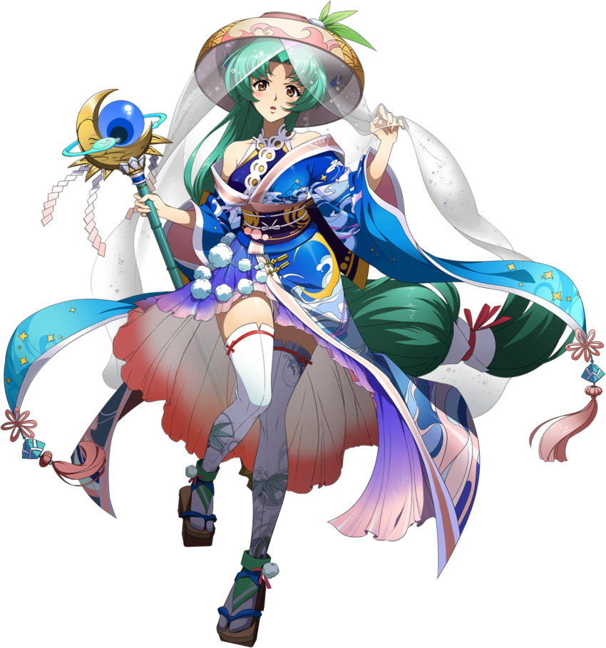 1girl absurdly_long_hair aqua_hair blue_kimono blush brown_eyes floating_hair full_body gradient_skirt hair_intakes highres holding holding_staff japanese_clothes kimono langrisser langrisser_iv long_hair long_sleeves looking_at_viewer low-tied_long_hair official_art open_mouth schelfaniel_(langrisser) shiny shiny_skin solo staff standing standing_on_one_leg tabi thighhighs transparent_background very_long_hair white_legwear wide_sleeves