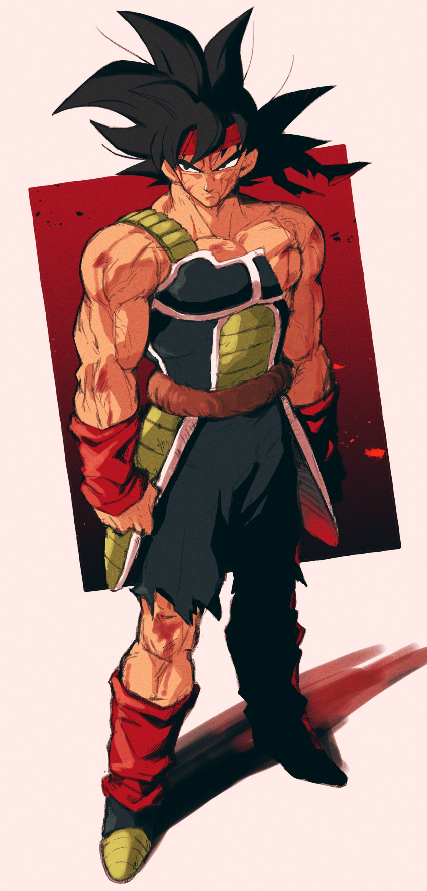 1boy absurdres armor bandana bardock black_eyes black_hair bleeding blood blood_from_mouth blood_on_face bodysuit broken_armor bruise bruise_on_face clenched_hand closed_mouth cross_scar cuts dirty dragon_ball dragon_ball_z full_body gauntlets headband highres injury male_focus monkey_tail red_headband relio_db318 saiyan saiyan_armor scar scar_on_cheek scar_on_face scratches shoulder_armor solo spiked_hair standing tail torn_bodysuit torn_clothes torn_legwear