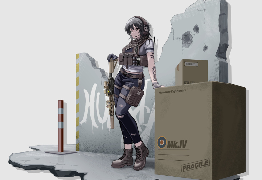 1girl absurdres assault_rifle belt black_gloves black_hair black_pants body_armor boots box breasts brown_belt brown_eyes brown_footwear bulletproof_vest commission eotech eyebrows_behind_hair gloves graffiti grey_shirt gun headset highres holding holding_gun holding_weapon m4_carbine magazine_(weapon) medium_breasts mk_18_carbine original pants plate_carrier rifle scope shirt short_hair skeb_commission solo suppressor t-naka-s-12 thigh_strap torn_clothes torn_legwear weapon weapon_request