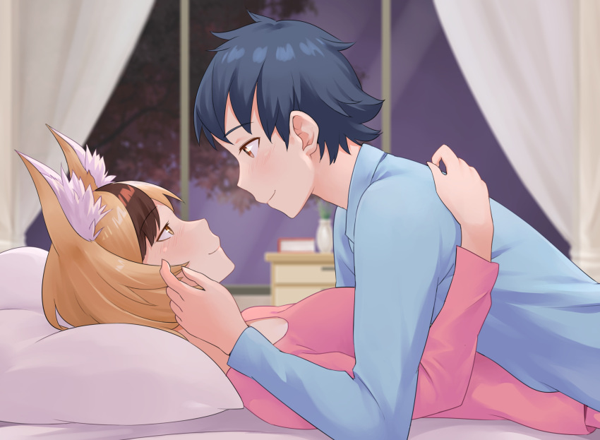 1boy 1girl alternate_costume animal_ear_fluff animal_ears bangs bed bedroom blonde_hair blue_hair blue_pajamas boy_on_top brown_hair closed_mouth commentary commission commissioner_upload couple curtains english_commentary eye_contact fire_emblem fire_emblem_fates fox_ears fox_girl hand_on_another's_face hands_on_another's_back hetero highres igni_tion indoors kiragi_(fire_emblem) looking_at_another lying lying_on_person md5_mismatch multicolored_hair on_back on_bed pajamas pillow selkie_(fire_emblem) upper_body yellow_eyes