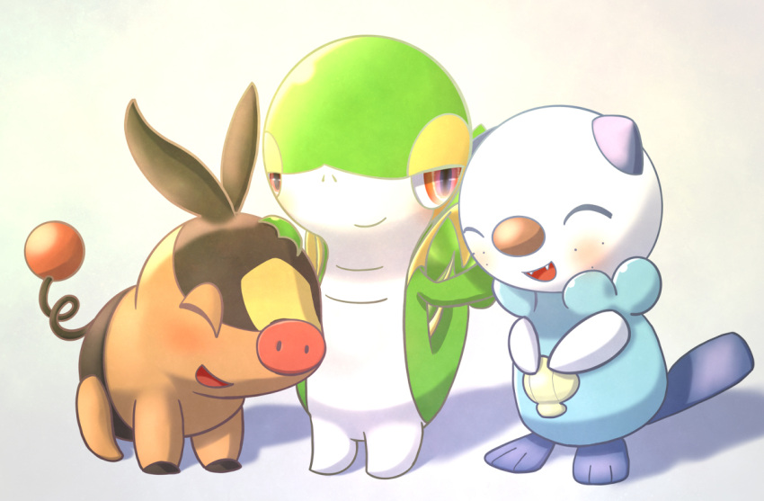 :d ^_^ beranda blush closed_eyes closed_mouth fangs full_body happy looking_at_viewer no_humans open_mouth oshawott pokemon pokemon_(creature) red_eyes shadow smile snivy standing starter_pokemon_trio tepig