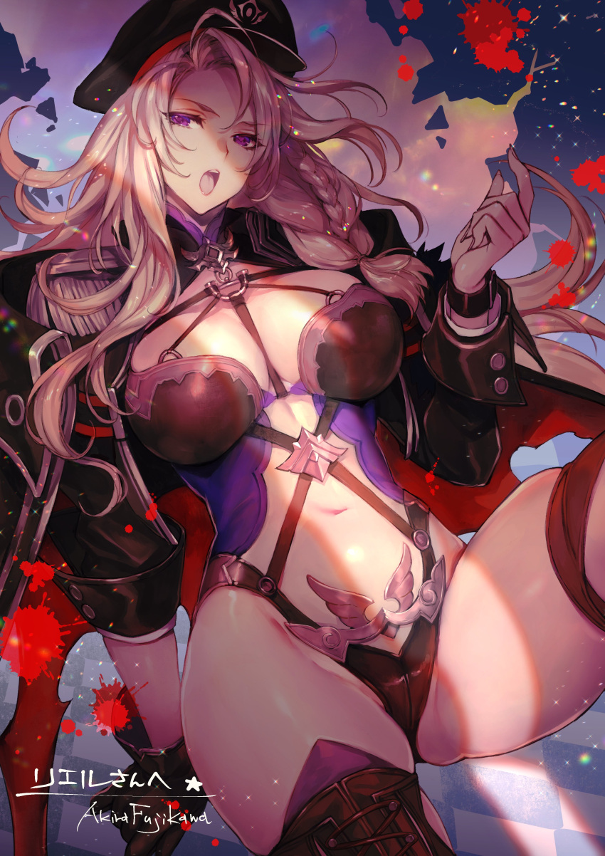 1girl absurdres arm_up bangs belt black_gloves boots breasts cleavage cloak coat commentary_request furikawa_arika gloves hat highres jacket large_breasts long_hair looking_at_viewer military military_hat military_uniform navel open_mouth original purple_eyes silver_hair solo thigh_boots thighhighs underwear uniform