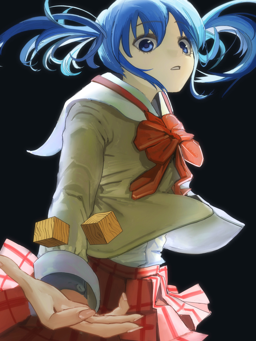 1girl absurdres bangs black_background blue_eyes blue_hair bow bowtie commentary eyebrows_visible_through_hair hair_cubes hair_ornament highres long_sleeves looking_at_viewer looking_down naganohara_mio nichijou open_mouth outstretched_hand pakkun plaid plaid_skirt red_bow red_skirt sailor_collar school_uniform shirt short_hair short_twintails simple_background skirt solo tokisadame_school_uniform twintails yellow_shirt