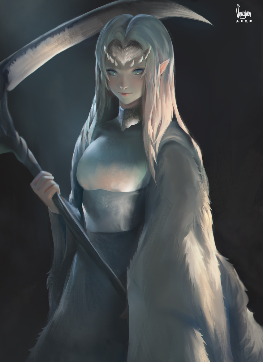 1girl absurdres dark_souls_(series) dark_souls_i dragon_girl fluffy green_eyes highres holding holding_scythe holding_weapon long_hair long_sleeves looking_at_viewer monster_girl priscilla_the_crossbreed scythe seuyan weapon white_hair