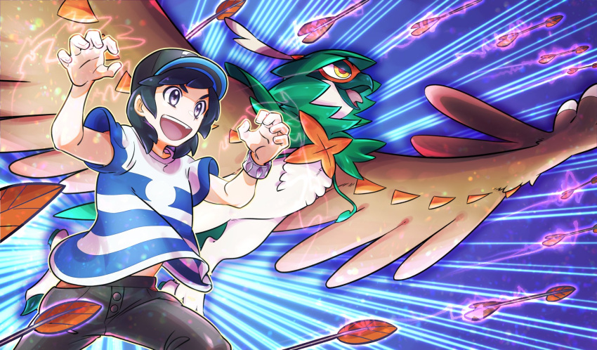 1boy :d arrow_(projectile) bangs baseball_cap black_hair black_headwear black_pants bracelet commentary_request decidueye elio_(pokemon) grey_eyes hands_up hat highres jewelry male_focus medium_hair open_mouth pants pkpokopoko3 pokemon pokemon_(creature) pokemon_(game) pokemon_sm shirt short_sleeves smile striped striped_shirt t-shirt teeth tongue upper_teeth z-ring