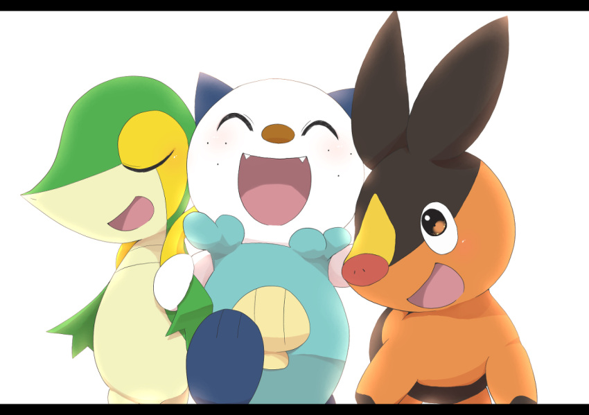 :d ^_^ closed_eyes commentary_request fangs happy letterboxed moi_moi_123 no_humans open_mouth oshawott pokemon pokemon_(creature) simple_background smile snivy starter_pokemon_trio tepig white_background