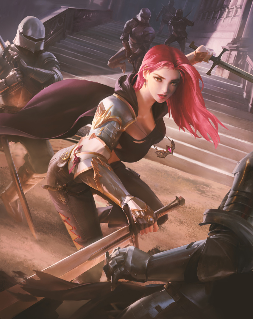 1girl 5others absurdres armor battle breasts brown_pants butter_squid cape dual_wielding gauntlets highres holding holding_weapon jewelry knight large_breasts leather leather_pants long_hair looking_at_viewer medieval multiple_others necklace nose orange_eyes original outdoors pants parted_lips pauldrons pendant red_hair shoulder_armor stairs sword vambraces weapon