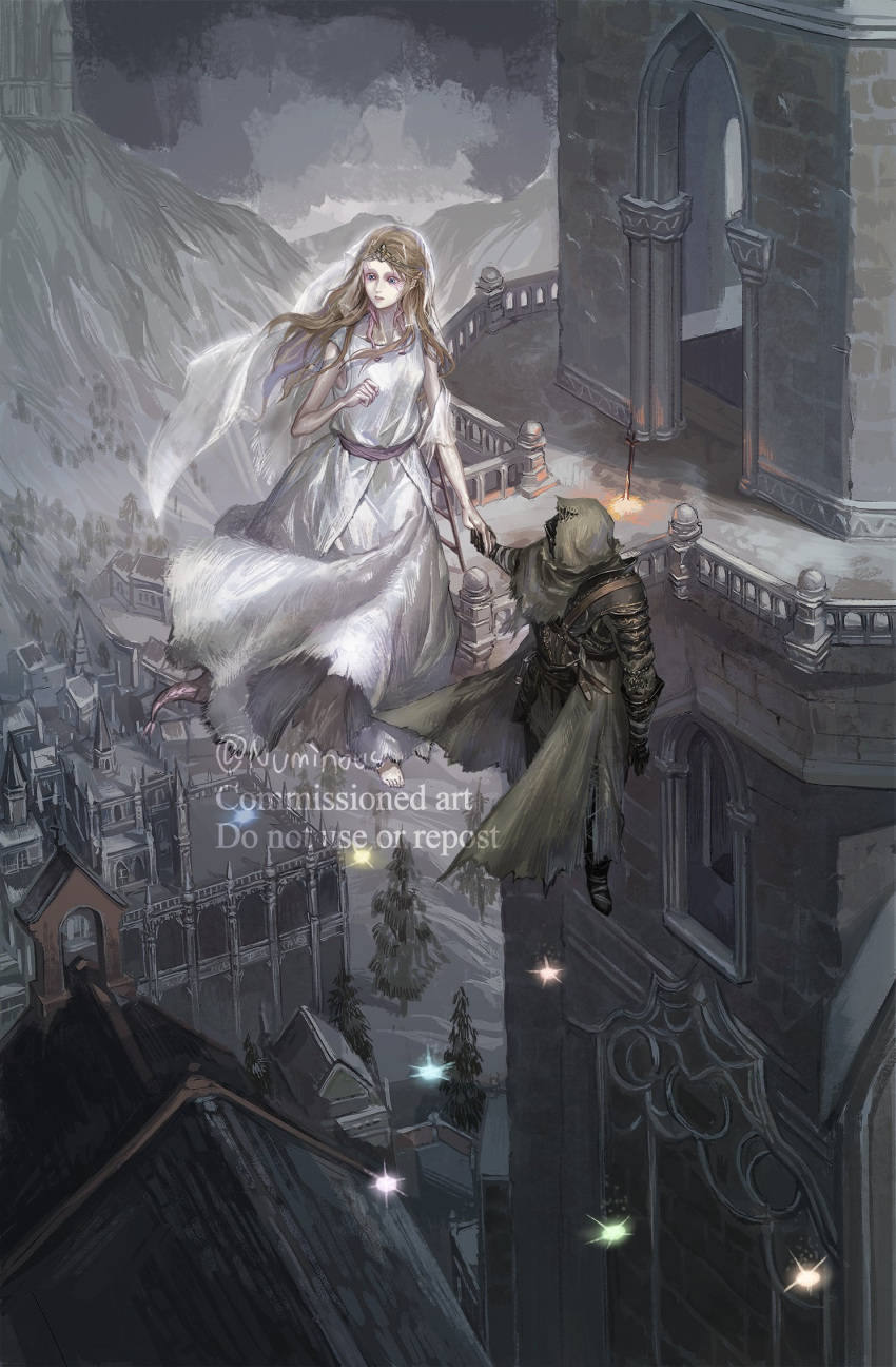 1girl 1other ashen_one_(dark_souls_3) brown_hair building company_captain_yorshka dark_souls_(series) dark_souls_iii dragon_girl dress highres long_hair pilgrim_(silentreverie) pine_tree robe size_difference tall_female tree veil watermark white_dress window