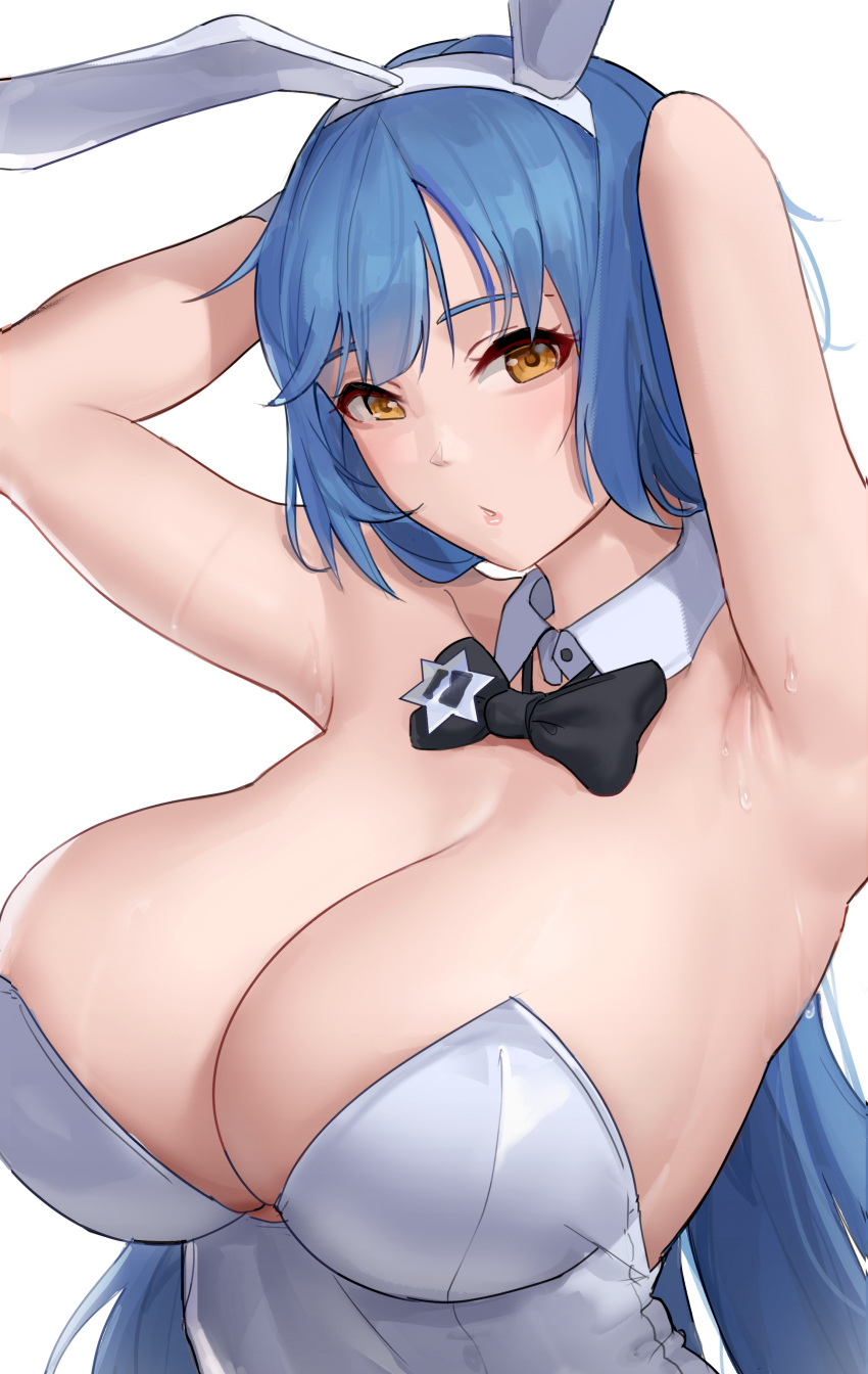 1girl absurdres armpit_crease armpits arms_behind_head bare_shoulders blue_hair breasts cleavage collarbone commission detached_collar girls'_frontline highres large_breasts long_hair pixiv_request playboy_bunny shikube solo sweat tar-21_(girls'_frontline) very_long_hair yellow_eyes