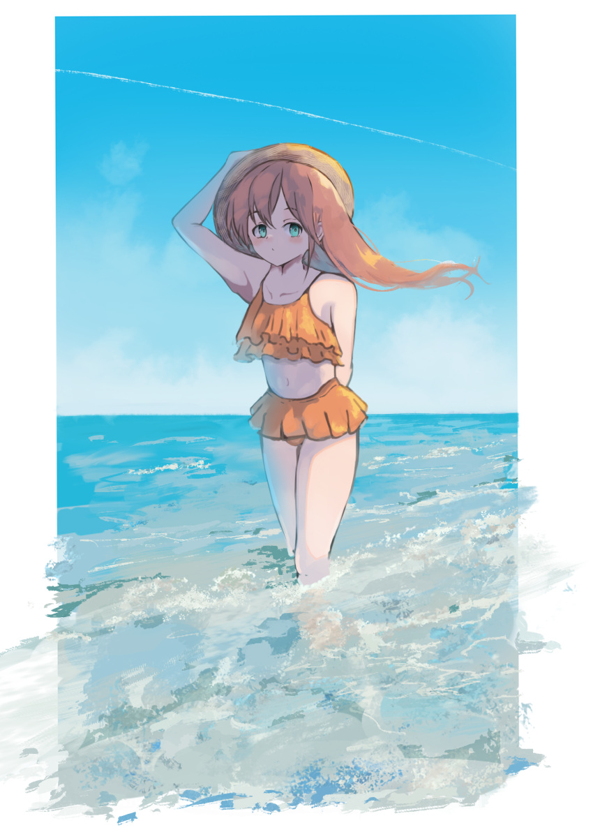 1girl :o bangs bikini blue_eyes blue_sky blush brown_hair commentary condensation_trail eliot_(eokaitekaite969) floating_hair frilled_bikini frills hair_between_eyes hat highres holding holding_clothes holding_hat hololive horizon long_hair looking_to_the_side natsuiro_matsuri navel ocean orange_bikini outdoors shade sky solo standing straw_hat swimsuit virtual_youtuber wading