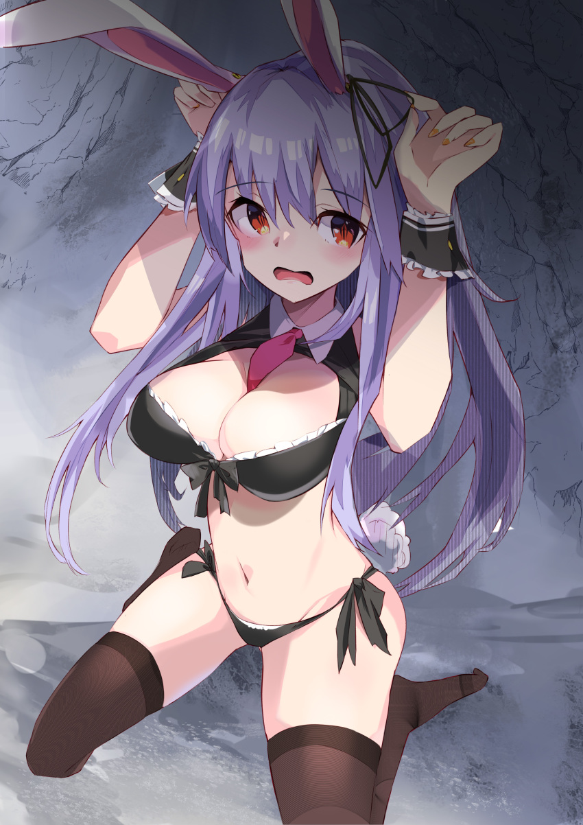 1girl absurdres animal_ears arms_up bangs bare_shoulders between_breasts black_bra black_legwear black_panties blush bra breasts bunny_pose buttons cleavage commentary_request embarrassed eyebrows_visible_through_hair eyelashes frilled_bra frills groin highres light_purple_hair looking_to_the_side navel necktie necktie_between_breasts on_floor panties rabbit_ears rabbit_tail red_eyes red_necktie red_neckwear reisen_udongein_inaba shiny shiny_hair sidelocks sitting slit_pupils solo stomach tail tetsurou_(fe+) thighhighs touhou underwear wall wavy_mouth wing_collar wrist_cuffs