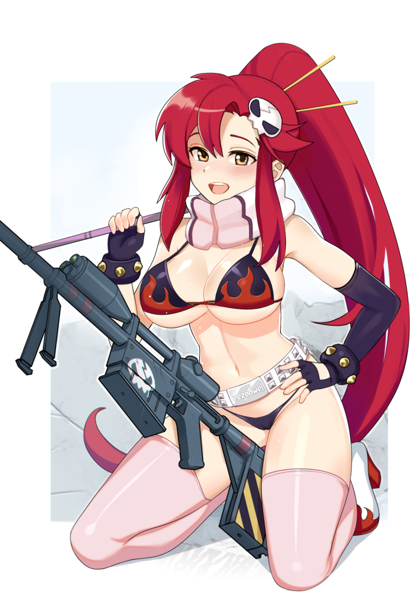 1girl anti-materiel_rifle asymmetrical_sleeves bangs bare_shoulders belt bikini bikini_top black_gloves blush breasts brown_eyes cleavage commentary day elbow_gloves english_commentary eyebrows_behind_hair fingerless_gloves flame_print gloves groin gun hair_between_eyes hair_ornament highres kneeling large_breasts long_hair looking_at_viewer md5_mismatch navel outdoors panties pink_legwear ponytail red_hair rezodwel rifle scarf self_upload shadow sidelocks signature single_elbow_glove skindentation skull_hair_ornament smile sniper_rifle solo stomach studded_belt swimsuit tengen_toppa_gurren_lagann thick_thighs thighhighs thighs underboob underwear weapon yoko_littner