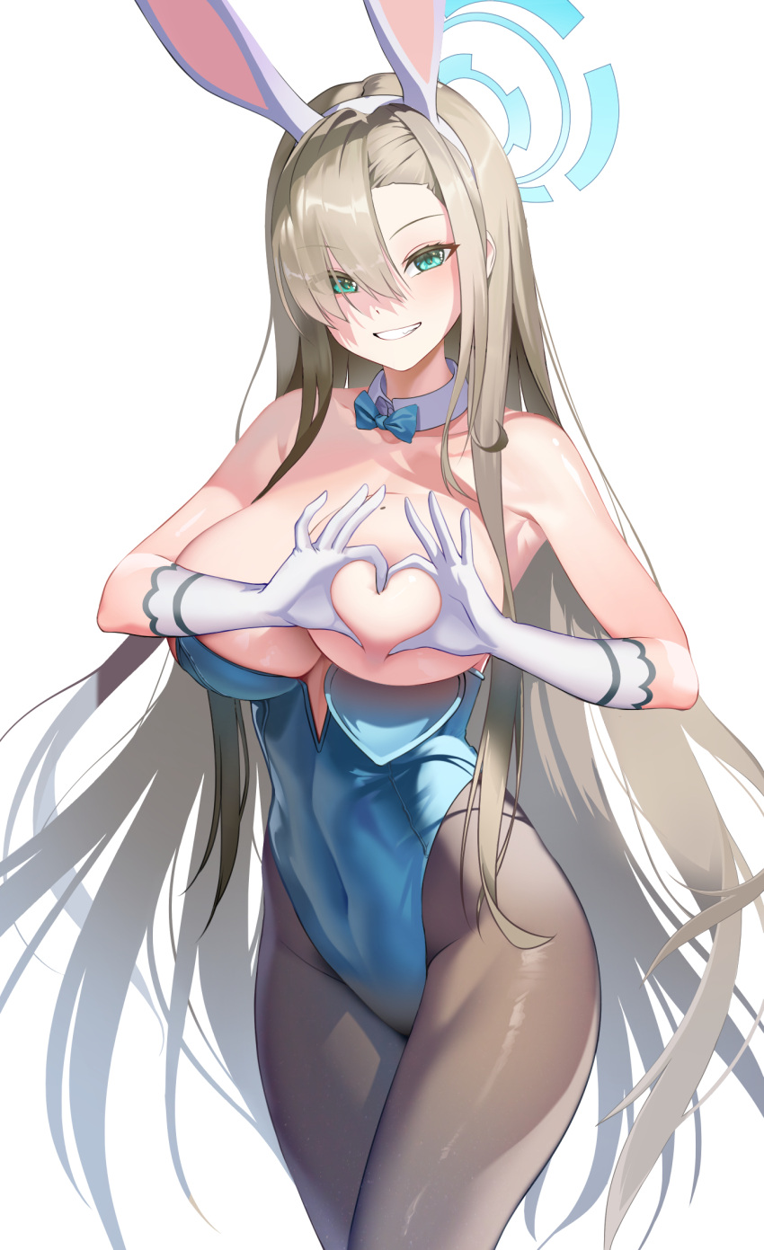 1girl animal_ears asuna_(blue_archive) blue_archive blue_bow blue_bowtie blue_neckwear bow bowtie breasts brown_hair brown_legwear cleavage commentary covered_navel detached_collar fake_animal_ears gloves green_eyes hair_between_eyes halo heart-shaped_boob_challenge highres large_breasts long_hair looking_at_viewer luts mixed-language_commentary mole mole_on_breast pantyhose playboy_bunny rabbit_ears solo very_long_hair white_gloves