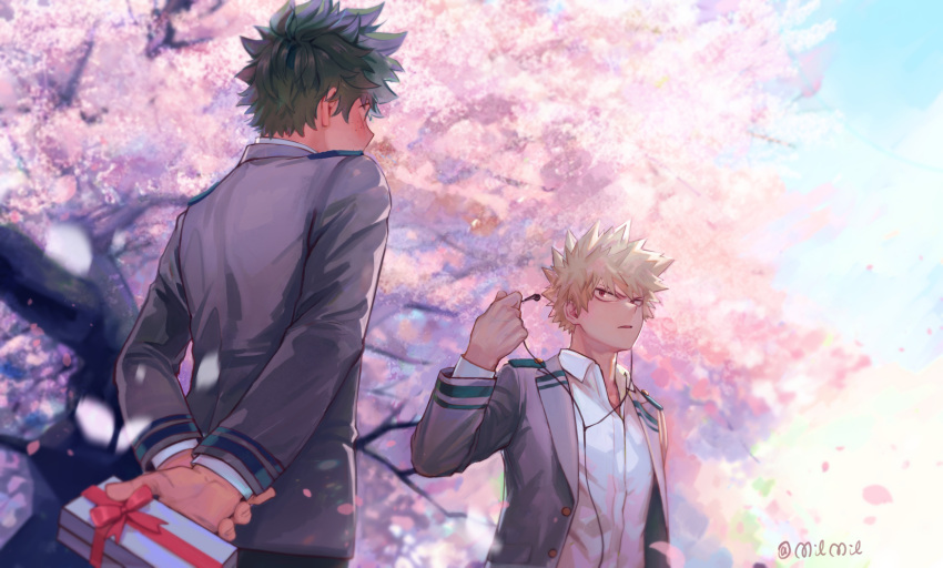 2boys bakugou_katsuki blonde_hair boku_no_hero_academia cherry_blossoms commentary duplicate flush gift green_hair headphones highres holding looking_at_another male_focus midoriya_izuku milmil_(wa_ten'nendesu) multiple_boys pixel-perfect_duplicate red_eyes school_uniform shirt white_shirt