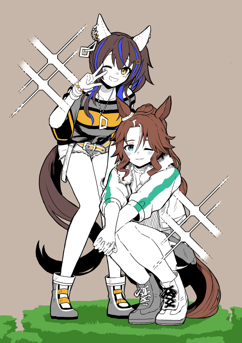 2girls absurdres animal_ears bangs bead_bracelet beads blue_hair boots bracelet brown_background brown_hair colored_skin commentary cropped_jacket cross-laced_footwear daitaku_helios_(umamusume) ear_piercing fang full_body fur-trimmed_jacket fur_trim green_eyes hair_ornament hairclip high_contrast highres horse_ears horse_girl horse_tail jacket jewelry lace-up_boots leaning_forward long_hair mejiro_palmer_(umamusume) multicolored_hair multiple_girls necklace one_eye_closed open_mouth own_hands_clasped own_hands_together parted_bangs partially_colored petoka piercing ponytail shirt simple_background skin_fang smile sparkle squatting standing streaked_hair striped striped_shirt tail umamusume v_over_eye white_skin yellow_eyes