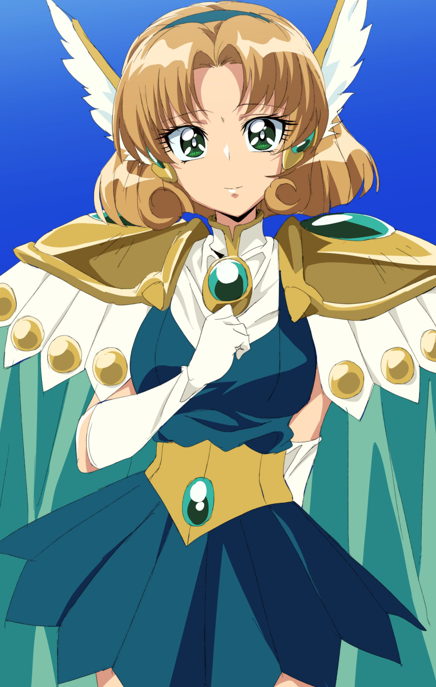 1990s_(style) 1girl absurdres armor bangs blue_background breasts bright_pupils cape clenched_hand commission dress eyebrows_visible_through_hair gloves green_cape green_dress green_eyes head_wings highres hououji_fuu looking_at_viewer magic_knight_rayearth medium_breasts oimanji parted_bangs pauldrons retro_artstyle short_hair shoulder_armor skeb_commission smile solo white_gloves white_pupils