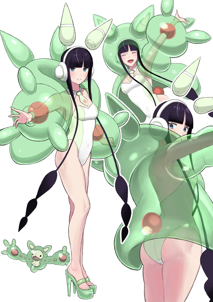 1girl :d absurdres arm_up ass bangs black_hair blue_eyes blunt_bangs blush closed_eyes commentary cosplay elesa_(pokemon) eyelashes green_footwear green_jacket green_nails headphones high_heels highres jacket leotard long_sleeves looking_back multiple_views nail_polish nishikino_kee open_clothes open_jacket open_mouth outline outstretched_arm pokemon pokemon_(creature) pokemon_(game) pokemon_bw2 reuniclus reuniclus_(cosplay) short_hair_with_long_locks sidelocks simple_background smile standing toenail_polish toenails tongue white_background white_leotard