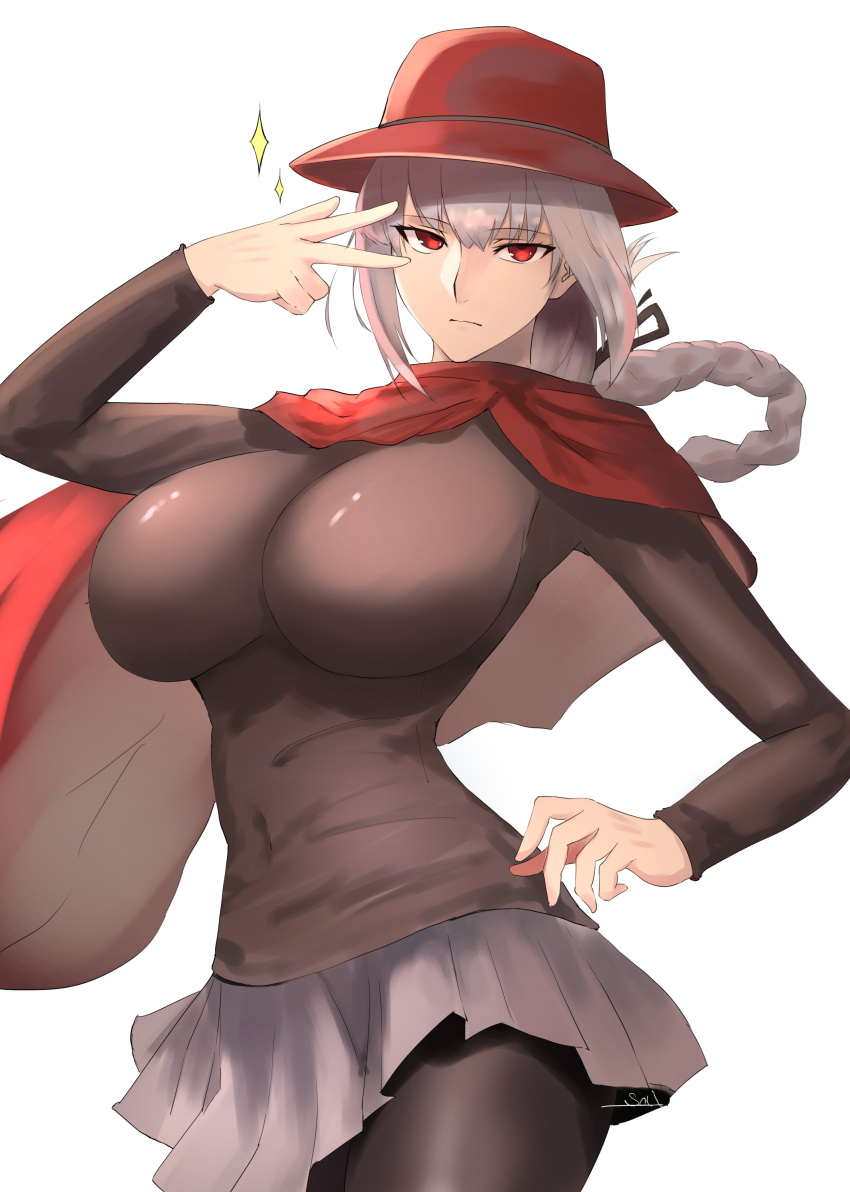 1girl absurdres aya_roushi bangs breasts brown_legwear brown_shirt commission fate/grand_order fate_(series) florence_nightingale_(fate) grey_skirt hat heroic_spirit_traveling_outfit highres large_breasts long_hair long_sleeves looking_at_viewer pantyhose pink_hair red_eyes red_headwear red_scarf scarf shirt simple_background skeb_commission skirt solo sparkle w white_background
