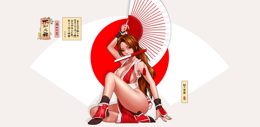 1girl absurdres arm_support arm_up bare_shoulders between_legs black_legwear breasts brown_eyes brown_hair cleavage fatal_fury fei_teng folding_fan full_body grey_background hand_fan hand_guard high_ponytail highres holding holding_fan large_breasts long_hair mouth_hold orb pelvic_curtain plantar_flexion ponytail red_lips red_sun revealing_clothes rope sash shiranui_mai sideboob sitting smile socks solo tassel the_king_of_fighters very_long_hair wrist_cuffs