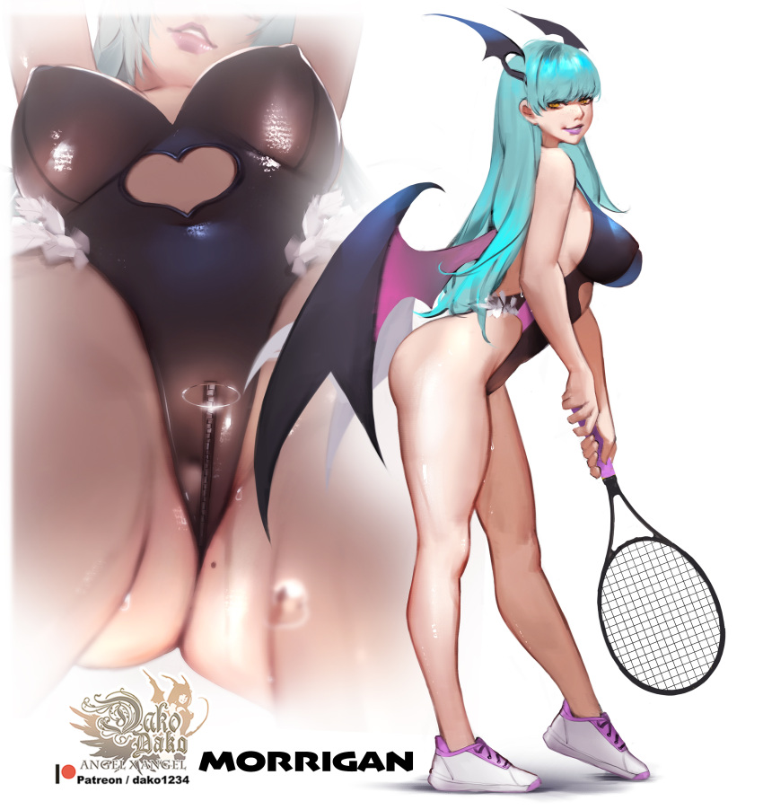 1girl absurdres ass ass_visible_through_thighs bat_wings breasts character_name demon_girl from_below full_body green_hair head_wings highres hu_dako large_breasts legs lips long_hair looking_at_viewer mole mole_on_ass morrigan_aensland patreon_username racket shoes simple_background smile solo standing sweat tennis_racket thighs vampire_(game) white_background white_footwear wings yellow_eyes