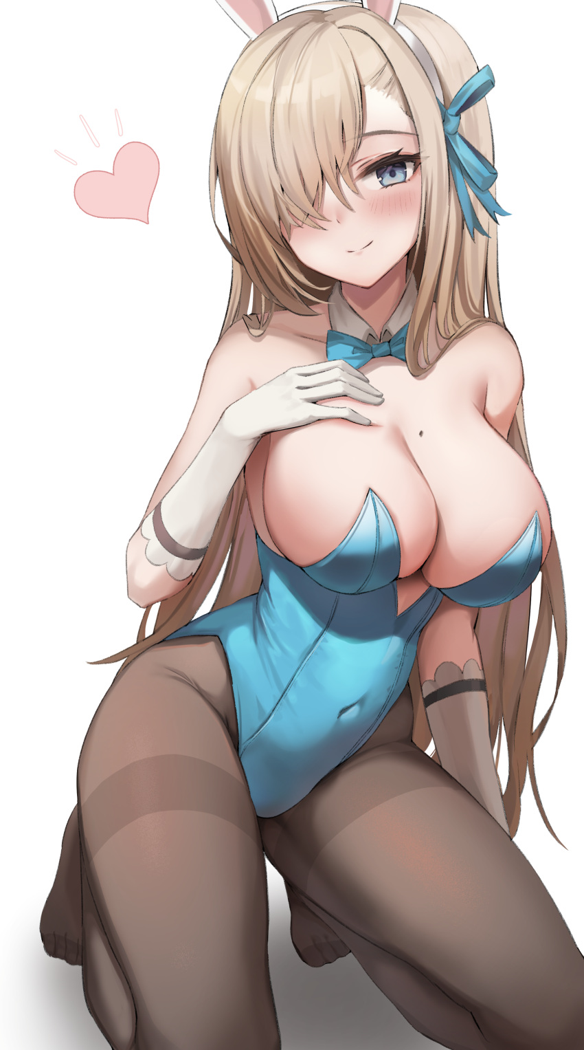 1girl absurdres animal_ears asuna_(blue_archive) bangs bare_shoulders blonde_hair blue_archive blue_bow blue_bowtie blue_eyes blue_leotard blue_ribbon blush bow bowtie breasts cleavage closed_mouth collar detached_collar fake_animal_ears gloves hair_over_one_eye hair_ribbon hairband hand_on_own_chest heart highres kneeling large_breasts leotard long_hair looking_at_viewer mole mole_on_breast no_shoes pantyhose pharamacom playboy_bunny rabbit_ears ribbon smile solo strapless strapless_leotard thighband_pantyhose very_long_hair white_background white_collar white_gloves white_hairband