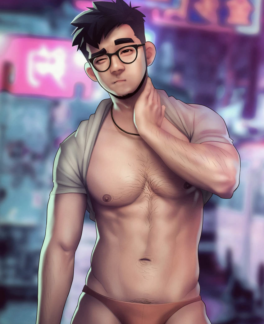 &gt;_o 1boy abs bara bare_pectorals beard black_hair blurry blurry_background briefs chest_hair closed_mouth clothes_lift facial_hair glasses hand_on_own_neck highres jewelry large_pectorals looking_at_viewer male_focus male_underwear muscular muscular_male navel necklace nerdyart1 night one_eye_closed original outdoors pectorals red_male_underwear shirt shirt_behind_neck shirt_lift short_hair sideburns solo thick_eyebrows underwear white_shirt