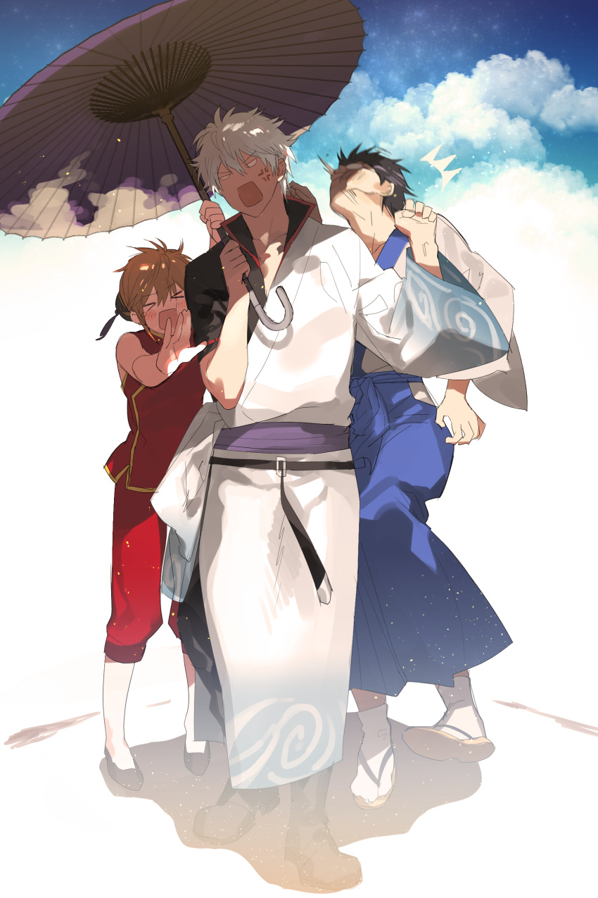 &gt;_&lt; absurdres angry black_hair clenched_hand cloud d: dx face_punch gintama highres holding holding_umbrella in_the_face japanese_clothes kagura_(gintama) kimono orange_hair punching sakata_gintoki sennen_suisei shimura_shinpachi short_hair sky umbrella white_hair wide_sleeves