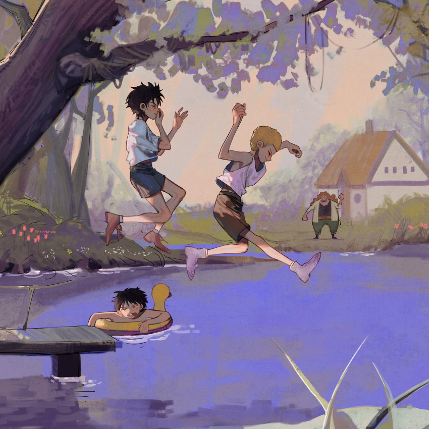 3boys akihare barefoot black_hair blonde_hair brothers closed_eyes curly_dadan duck_innertube highres holding_breath jumping lake male_focus midair monkey_d._luffy multiple_boys nature one_piece portgas_d._ace sabo_(one_piece) short_sleeves shorts siblings sleeveless smile younger