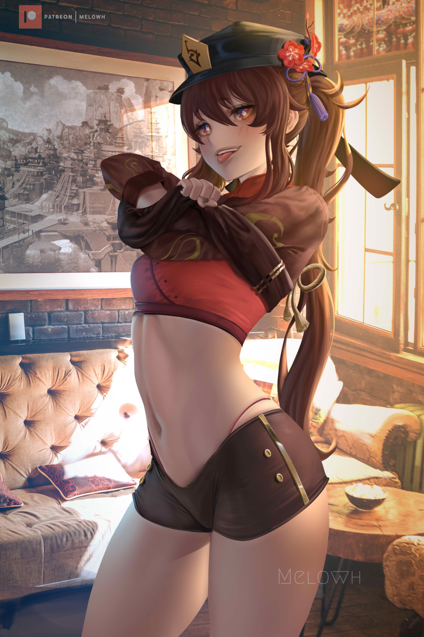 1girl :p absurdres blush brown_hair chinese_clothes clothes_lift couch g-string genshin_impact hat highres hu_tao_(genshin_impact) indoors lifted_by_self long_sleeves looking_at_viewer melowh midriff naughty_face navel red_eyes shirt_lift short_shorts shorts smile solo standing stomach symbol-shaped_pupils thighs thong tongue tongue_out top_hat twintails undressing window