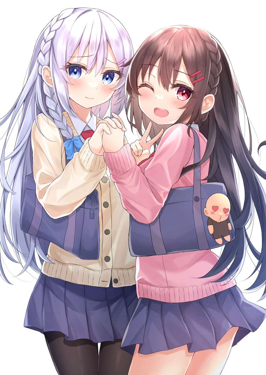 2girls ;d absurdres bag bag_charm bangs black_legwear blue_eyes blue_skirt blush braid brown_cardigan brown_hair cardigan charm_(object) closed_mouth collared_shirt commentary_request eyebrows_visible_through_hair hair_between_eyes hair_ornament hairclip hands_up heart heart_eyes highres himemiya_shuang holding_hands interlocked_fingers long_hair long_sleeves looking_at_viewer looking_to_the_side multiple_girls one_eye_closed original pantyhose pink_cardigan pleated_skirt red_eyes red_neckwear school_bag school_uniform shirt silver_hair simple_background skirt sleeves_past_wrists smile thigh_gap v very_long_hair white_background white_shirt
